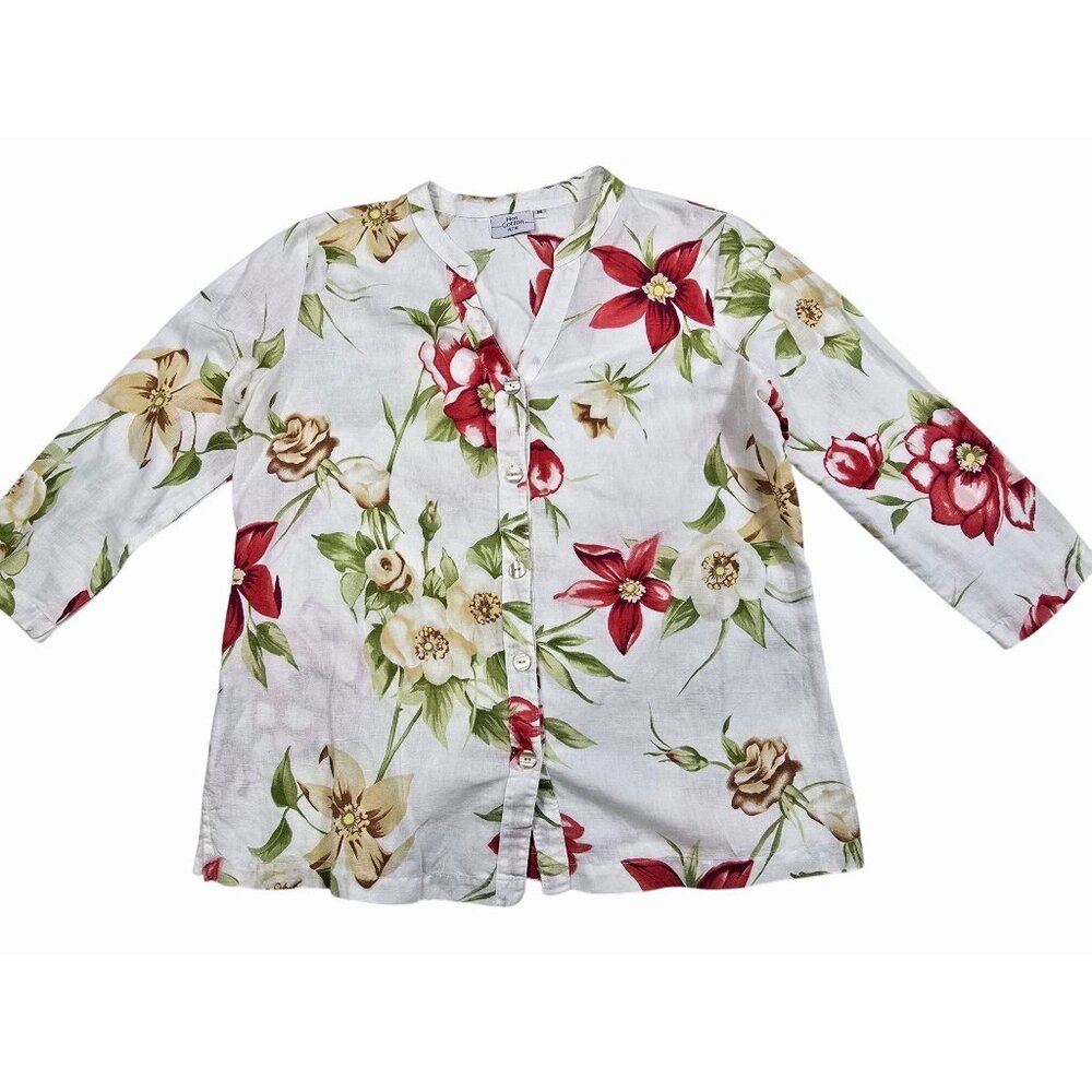 Hot Cotton Marc Ware 100% Linen Petite Floral Button-Up Blouse M Cottage Core - Picture 1 of 3